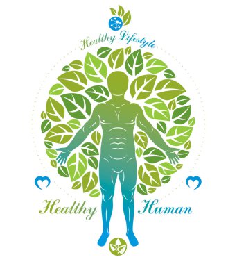 Vektör çizim insan, yeşil ağaç tarafından çevrili atlet bırakır. Sağlık ve uyum metafor.