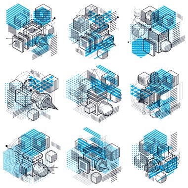 İzometrik çizgiler ve şekiller ile soyut vektör arka. Küpleri, Altıgenler, kareler, dikdörtgenler ve farklı soyut öğeler. Vektör toplama.
