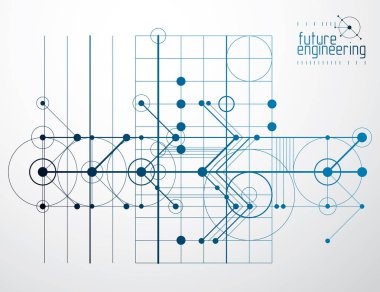 Teknik plan, grafik ve web tasarımında kullanmak için soyut mühendislik taslağı. Endüstriyel sistemin çizim vektörü çizgileri ve çemberlerle oluşturuldu.