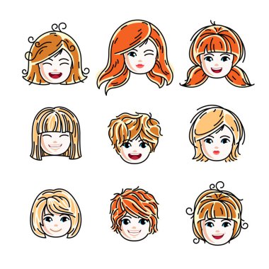 Sevimli gülümseyen kız yüzleri olumlu duygular, vektör insan kafa çizimler ifade topluluğu. Kızıl ve sarışın genç kızlar ile güzel bir yüzü, clipart kümesi.