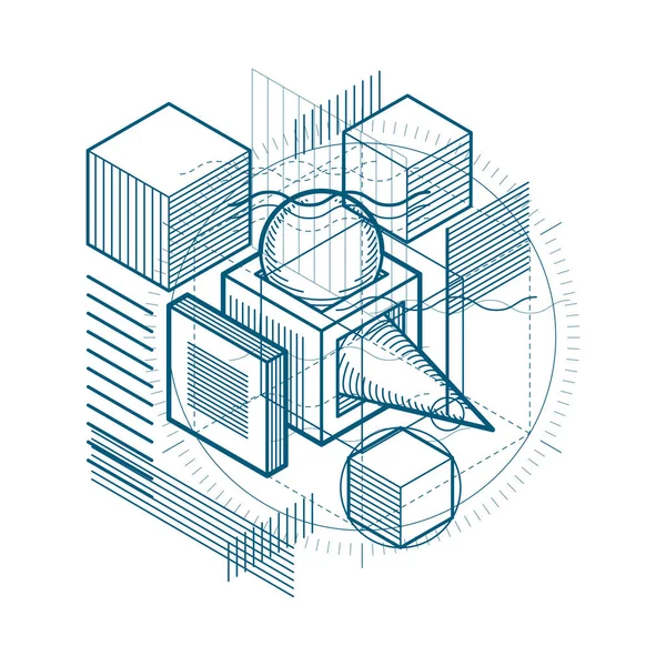 Ізометрична Абстракція Лініями Різними Елементами Векторний Абстрактний Фон Склад Кубів — стоковий вектор