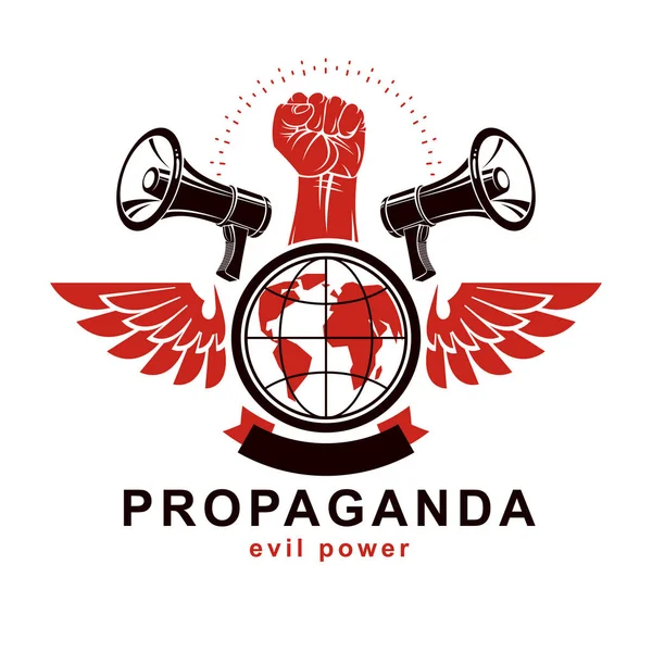 Marketing poster composed with megaphone device, Earth globe and raised clenched fist of revolutionary person, vector illustration. Propaganda as a powerful weapon of global influence on social behavior