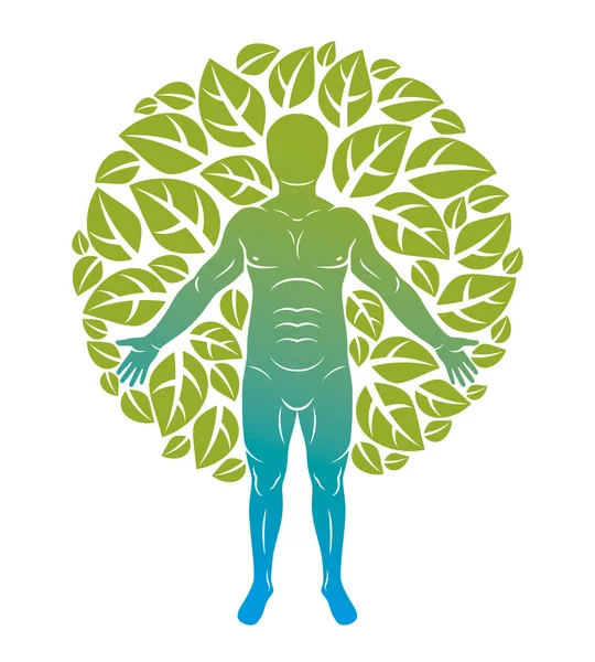Векторная Графическая Иллюстрация Человека Индивидуальность Окружении Эко Зеленых Листьев Вегетарианская — стоковый вектор