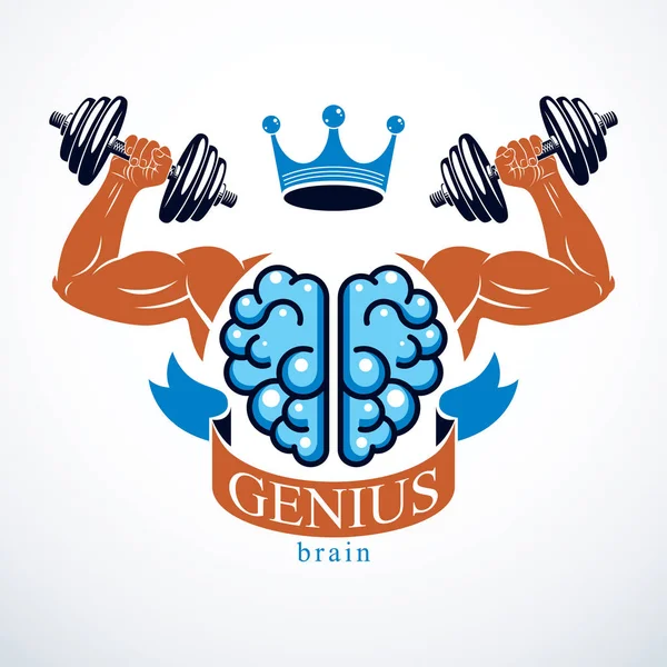 Cervello Con Forti Mani Bicipite Bodybuilder Emblema Power Brain Concetto — Vettoriale Stock