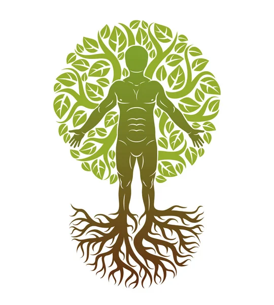 Ilustración Vectorial Del Ser Humano Creado Como Continuación Del Árbol — Vector de stock