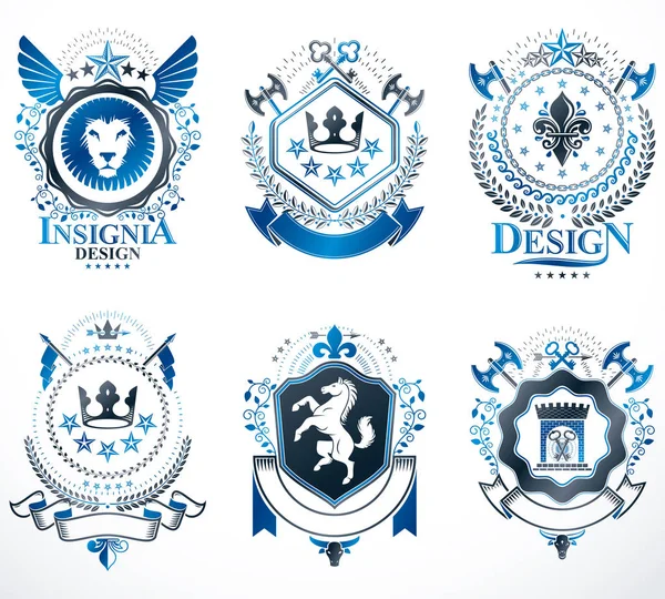 Conjunto Emblemas Vectoriales Vintage Creados Con Elementos Decorativos Como Coronas — Vector de stock