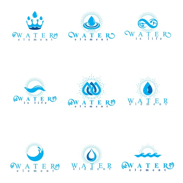 Emblemas Diseño Agua Mineral Fresca Como Gotas Agua Símbolos H2O — Vector de stock