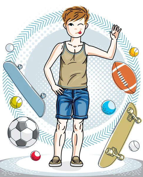 Kleine Jongen Staande Dragen Casual Kleding Vector Teken Mode Lifestyle — Stockvector