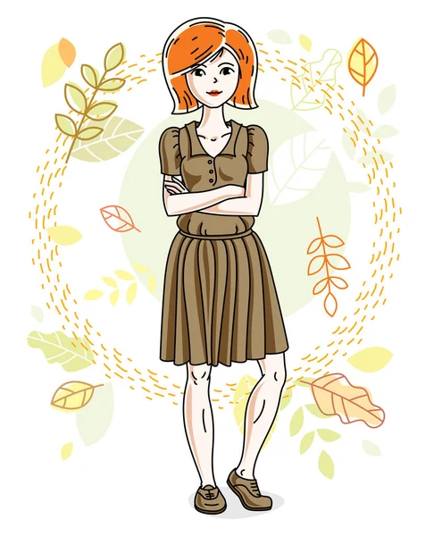 Счастливая Молодая Блондинка Позирует Фоне Осеннего Пейзажа Носит Модную Повседневную — стоковый вектор