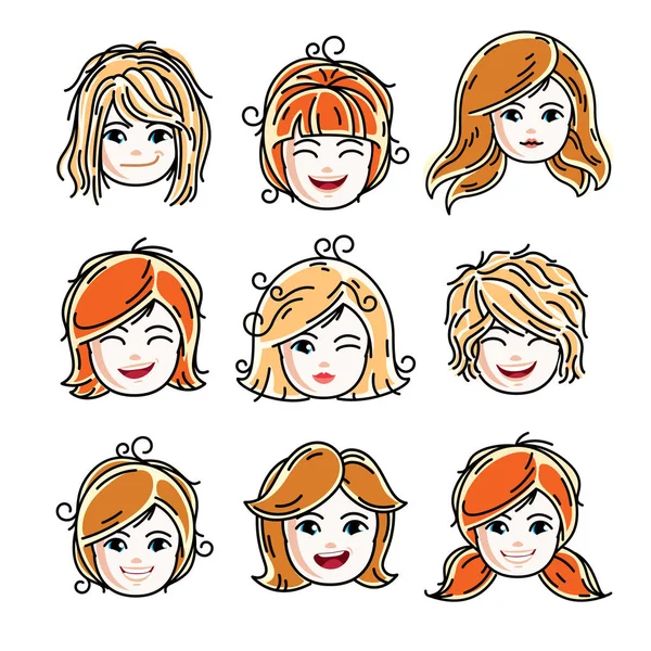 Коллекция Милых Улыбающихся Девушек Выражающих Положительные Эмоции Векторные Иллюстрации Головы — стоковый вектор