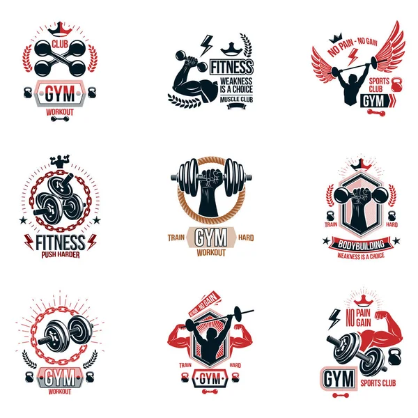 Vektor Fitness Workout Themen Logos Und Inspirierende Poster Kollektion Mit — Stockvektor