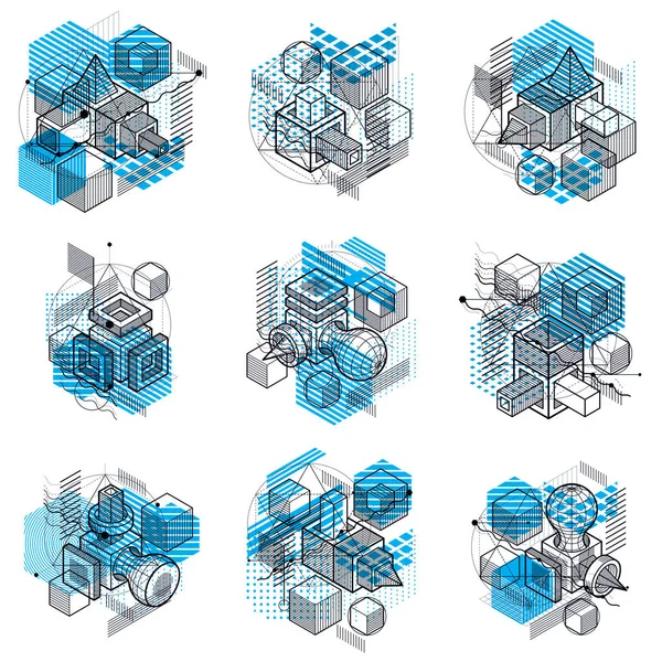 Abstract Designs Linear Mesh Shapes Figures Vector Isometric Backgrounds Cubes — Stock Vector