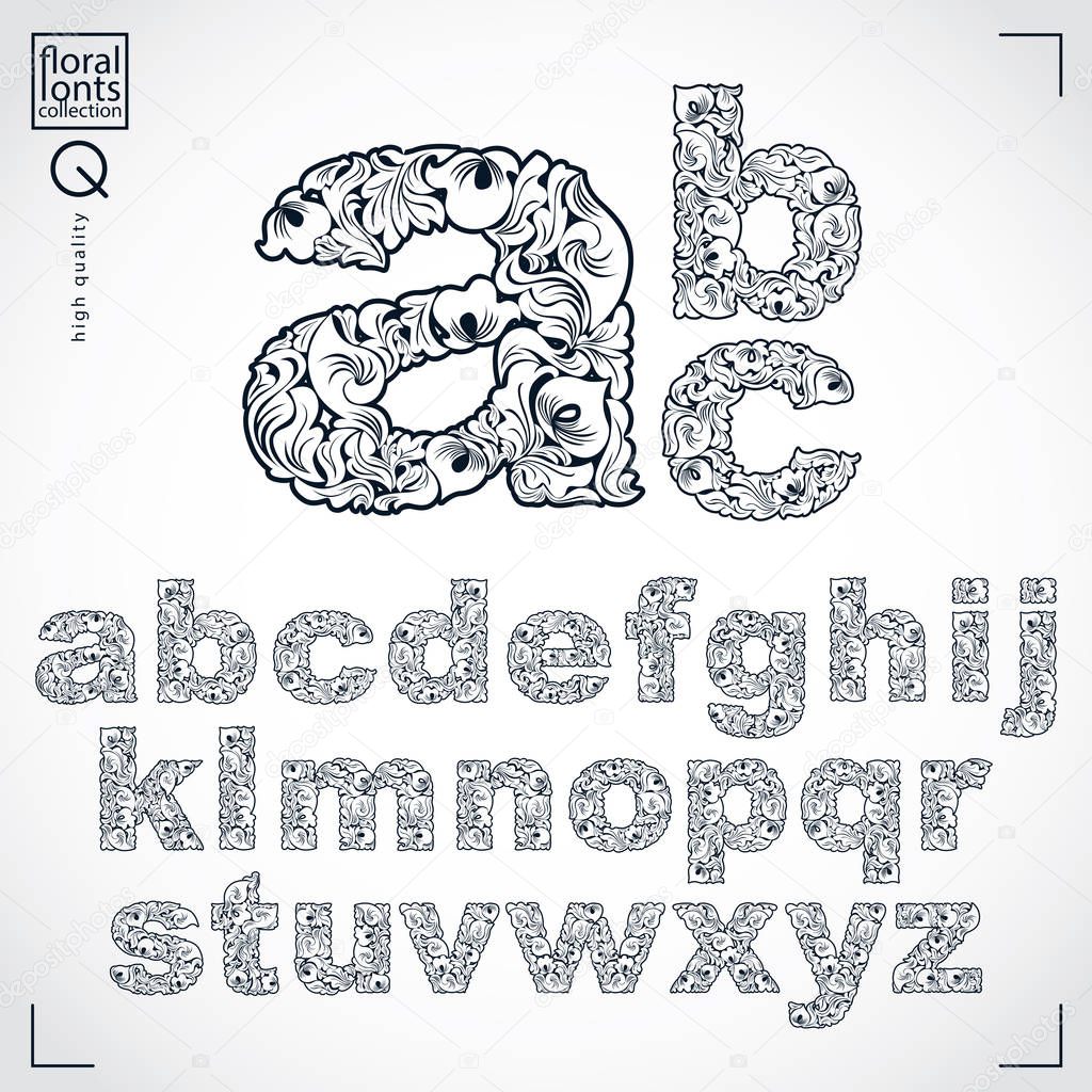Ecology style flowery font, vector typeset made using natural ornament. Monochrome alphabet lowercase letters created with spring leaves and floral design.