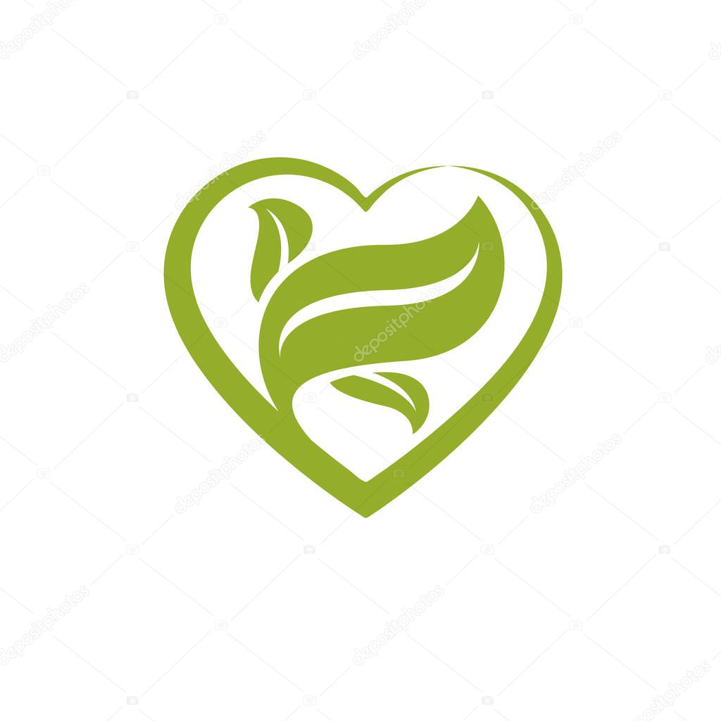 Vector heart shape illustration composed with green leaves. Living in harmony with nature concept, green health idea symbol.