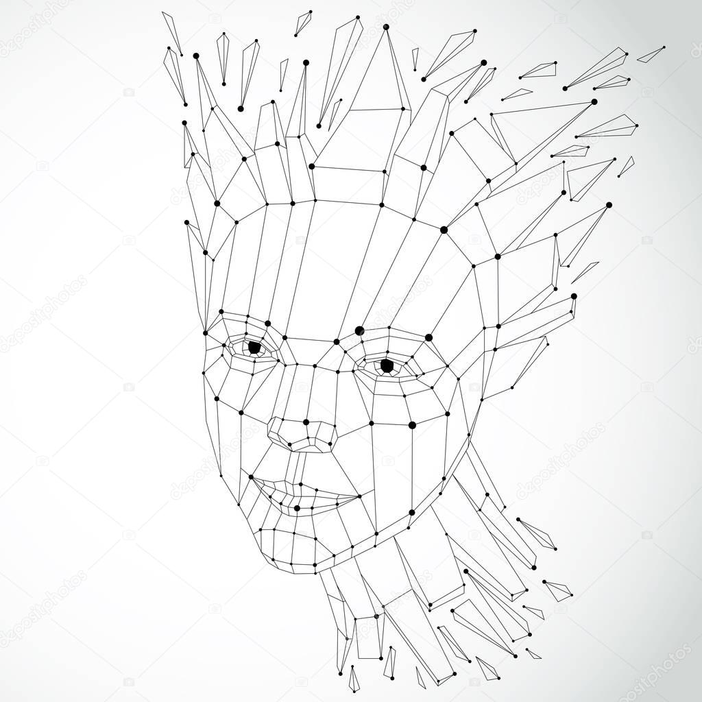 3d vector illustration of human head created in low poly style. Face of pensive female, smart person. Intelligence allegory, artistic deformed wireframe object broken into splinters and fragments.