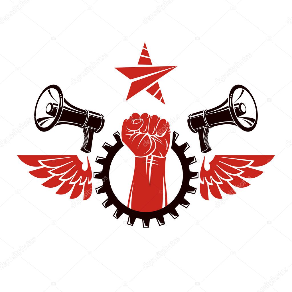 Vector leaflet created using clenched fists raised up, megaphone equipment and engineering cog wheel element. Dictatorship and manipulation theme, totalitarianism as the evil power. 