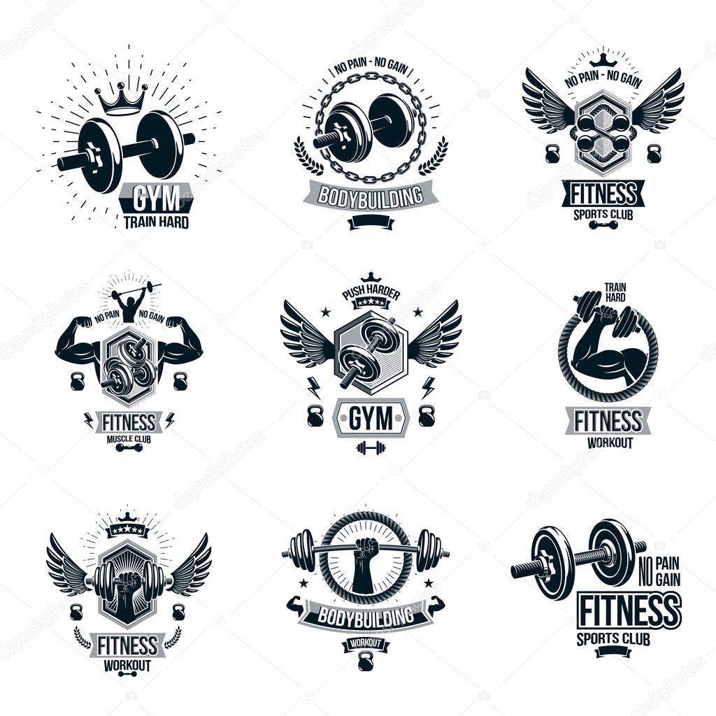 Set of vector gym theme emblems and motivational banners composed with dumbbells, barbells, kettle bells sport equipment and bodybuilder body shapes.