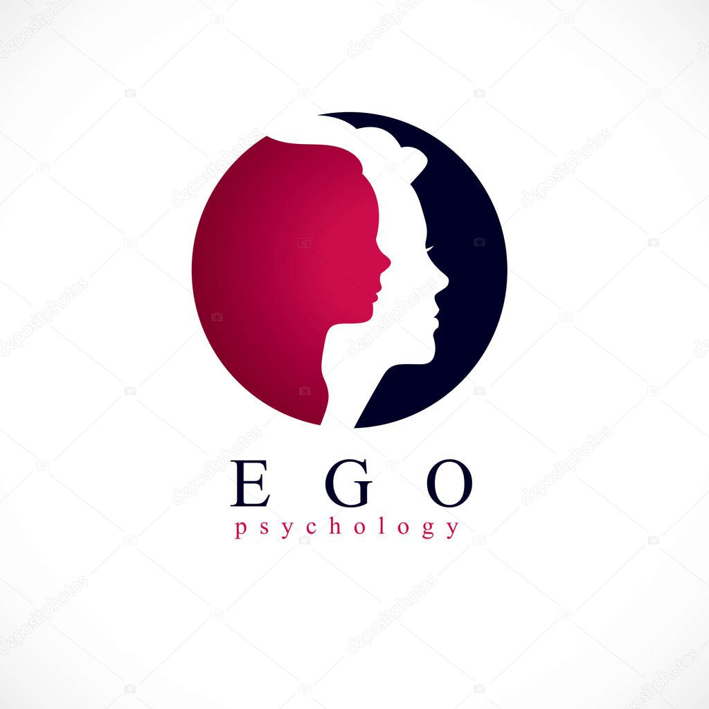 Psychology vector logo created with woman head profile and little child girl inside, inner child concept, origin of human individuality and psychic problems. Psychotherapy and psychoanalysis concept.