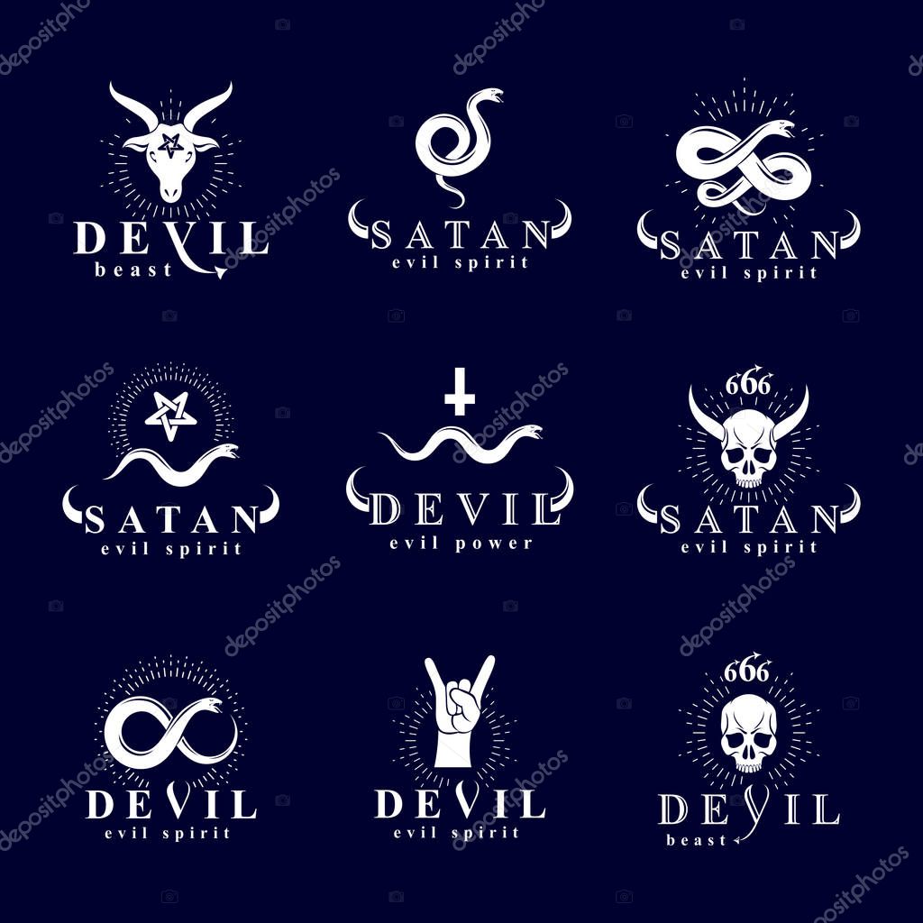 Set of vector demonic infernal mystic logotypes created using poisonous snakes, horned wicked dead head symbols, pagan pentacles and goats with 666 numbers as illustration of Lucifer