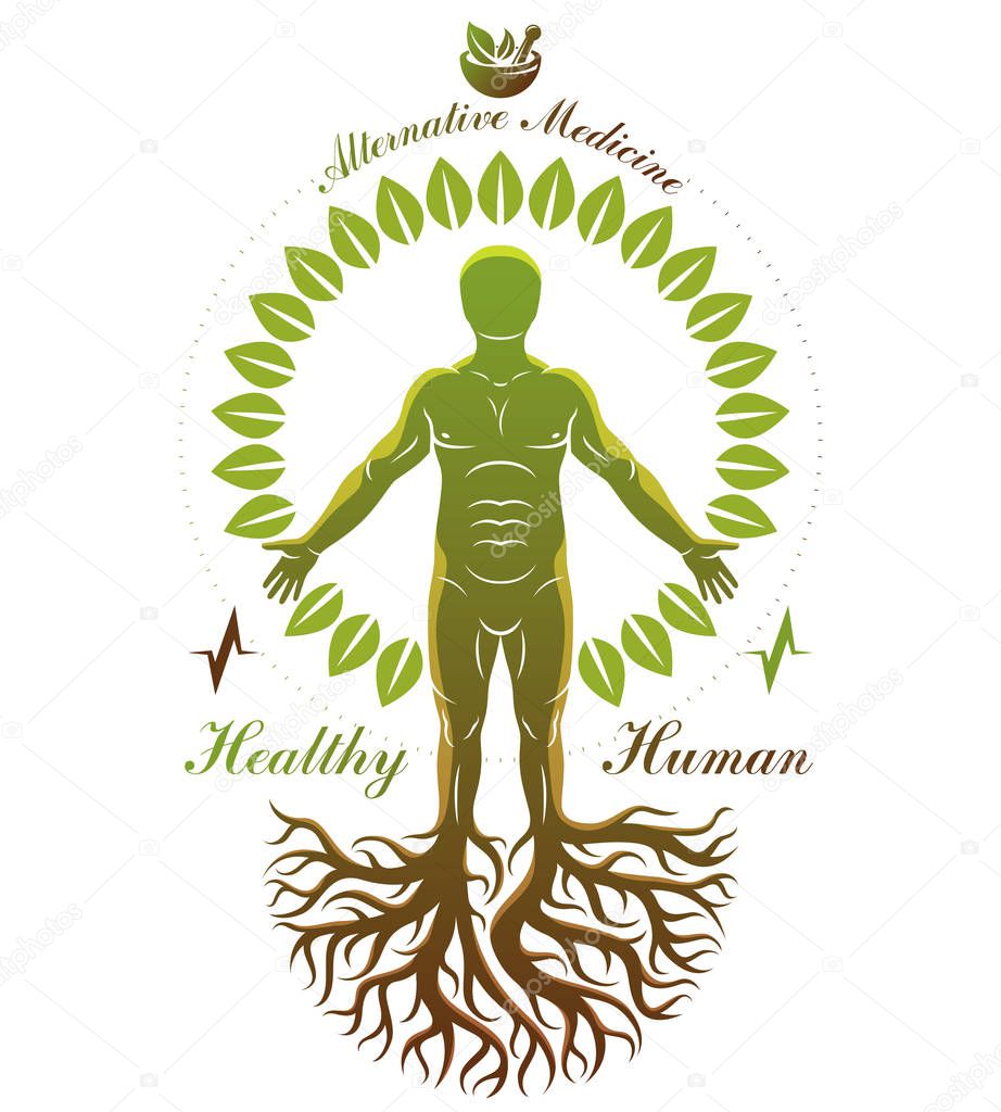 Vector graphic illustration of strong male depicted as continuation of tree and composed with mortar and pestle. Phytotherapy metaphor, healthy lifestyle concept.