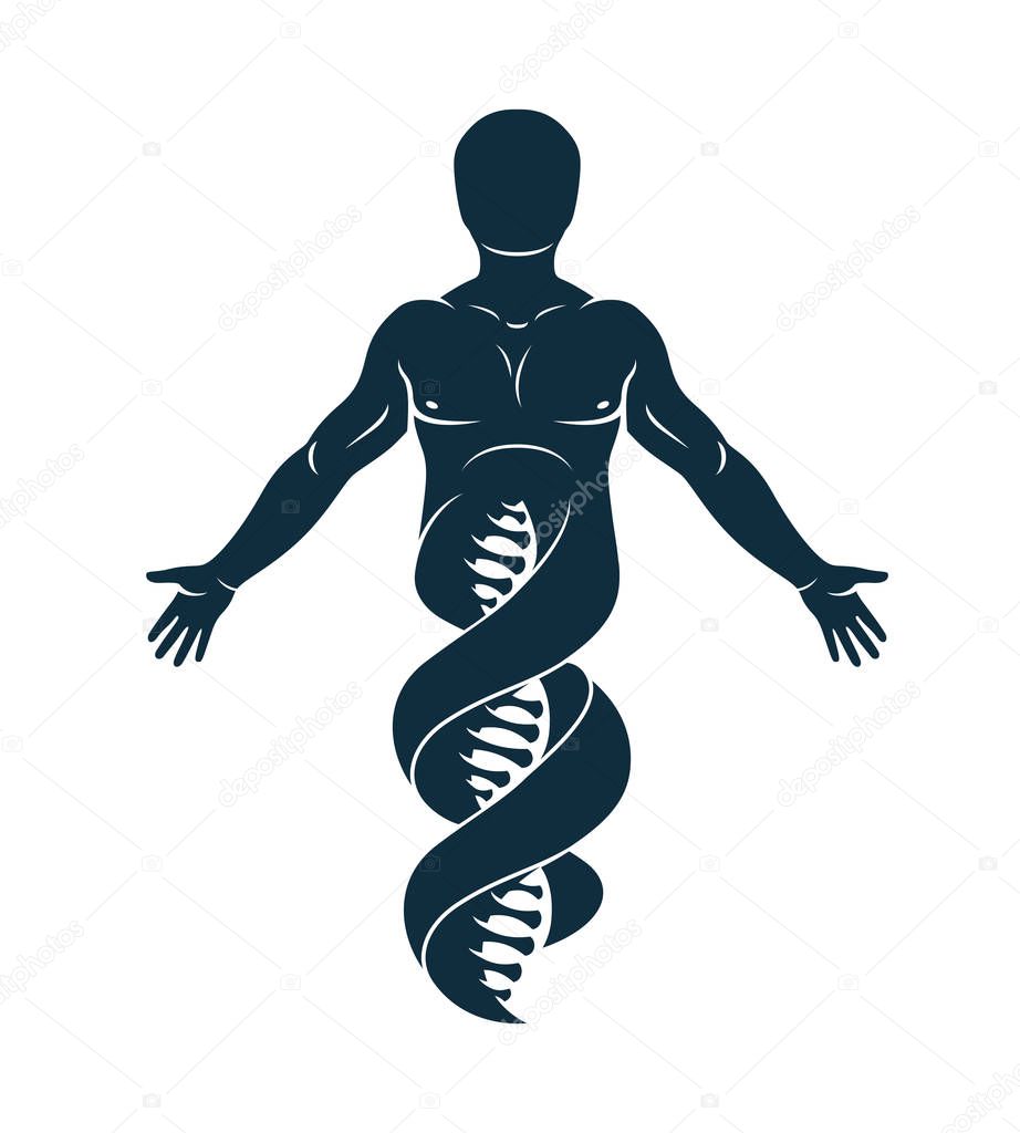 Vector graphic illustration of strong male made as DNA symbol continuation. Bioengineering as the direction of genetics.