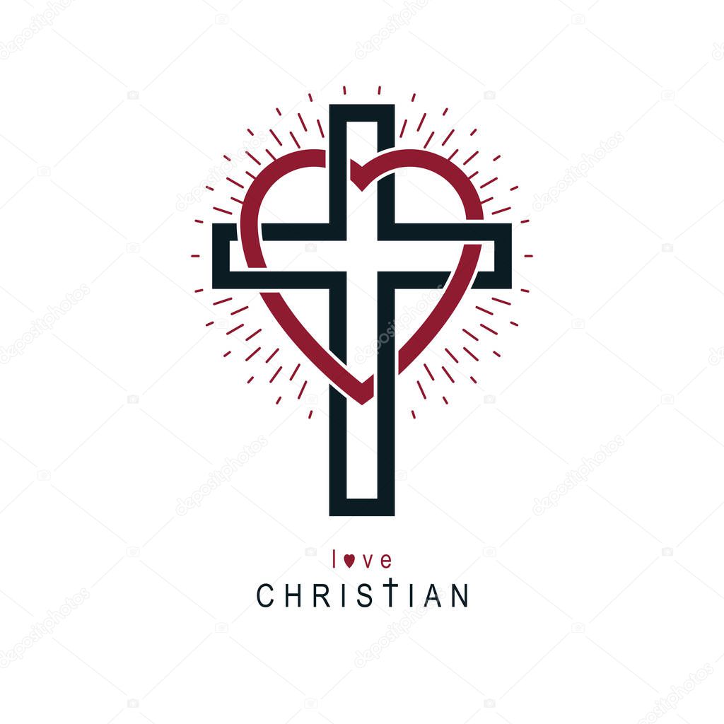 Love of God vector creative symbol design combined with Christian Cross and heart, vector logo or sign.