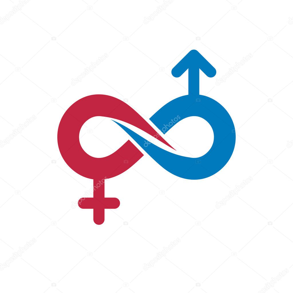 Eternal Couple conceptual logo, vector symbol created with infinity sign and male Mars an female Venus signs. Relationship idea.