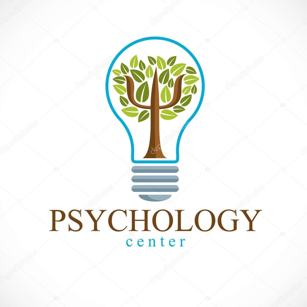 Psychology concept vector logo or icon created with Greek Psi symbol as a green tree with leaves inside of idea light bulb, mental health concept, psychoanalysis analysis and psychotherapy therapy.