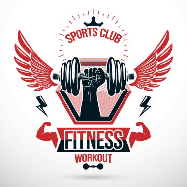 Spor salonu kavramsal vektör amblemi kuş kanatları ve atletik vücut geliştirmeci kol dumbbell tutarak kullanarak oluşur.