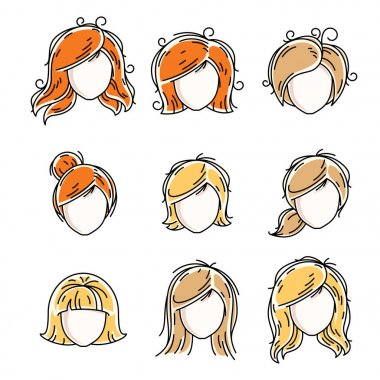 Kadın yüzleri, insan kafaları topluluğu. Kızıl ve sarışın kadın, gibi çeşitli vektör karakterler güzel bayanlar visage clipart ve kullanıcı profili.
