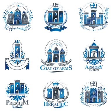 Antik kale Amblemler ayarlayın. Hanedan vektör tasarım öğeleri koleksiyonu. Retro tarzı etiket, Hanedanlık armaları logosu.