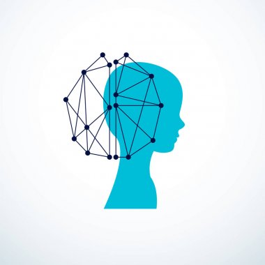 Bilgisayar insan android robot, yapay zeka konsepti. Elektronik elementler simgesi olan insan profili. Vektör logosu tasarımı. Akıllı yazılım, akıllı makineler ve dijital zihin fikri.