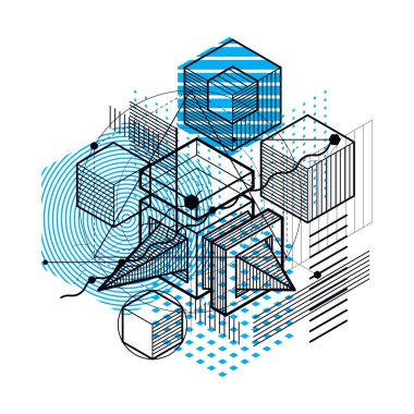 İzometrik elemanları ile arka plan, çizgiler ve şekiller ile doğrusal sanat vektör. Küpleri, Altıgenler, kareler, dikdörtgenler ve farklı soyut öğeler.