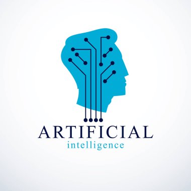 Bilgisayar insan android robot, yapay zeka konsepti. Elektronik elementler simgesi olan insan profili. Vektör logosu tasarımı. Akıllı yazılım, akıllı makineler ve bilgisayar programları fikri.