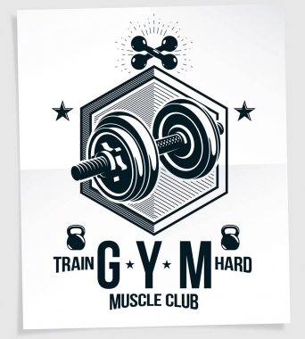 Ağır yük kaldırma şampiyonluğu reklam afişi disk ağırlığı halteri, kettle-bell spor ekipmanı ve kraliyet tacıyla yapılmış. Sıkı harf çalış.