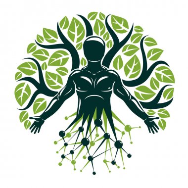 Vektör grafik illüstrasyon kas insan Tel kafes kafes bağlantılar ile oluşturulan ve ekoloji ağaç yaprak. Yeşil düşünme teknoloji yenilikleri, ekoloji koruma kavramı.