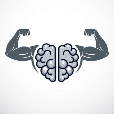 Güç Beyni amblemi, dahice bir kavram. İnsan anatomik beyninin taşıyıcı tasarımı. Güçlü vücut geliştirici elleri var. Beyin eğitimi, IQ 'su, akıl sağlığı.