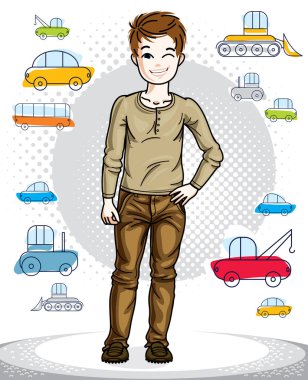 Teen tatlı küçük çocuk ayakta giyen moda rahat kıyafetler. Vektör oldukça güzel illüstrasyon insan. Çocukluk yaşam tarzı çizgi film.