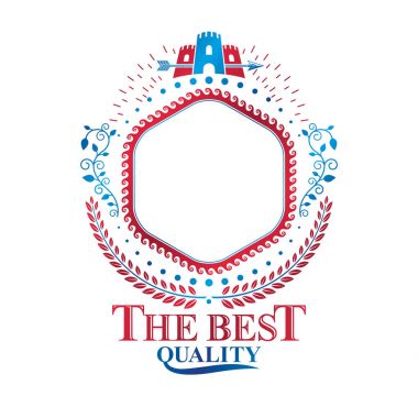 Antik kale amblemi. Hanedan arması, vintage vektör logo tarihi Kulesi ve dekoratif şerit kullanarak oluşturulan.