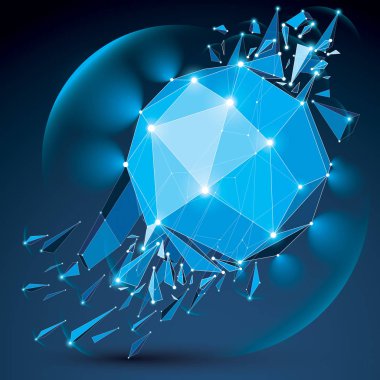 Soyut vektör düşük Poli nesne bağlı beyaz noktalı çizgilerle harap olmuş. 3d origami satırları mesh ve kırıklar mavi fütüristik formla kırık. Işık etkisi ve ışıma elemanı.
