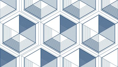 Geometrik 3d çizgileri soyut, dikişsiz desen, vektör arkaplan. Teknoloji stili mühendislik çizgisi sonsuz çizimler yapıyor. Tek renk, siyah ve beyaz..