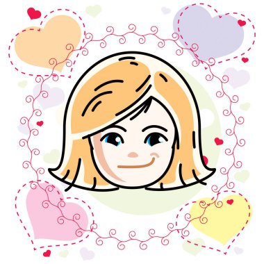 Güzel sarışın kız yüz, pozitif yüz özellikleri, Sevgililer günü clipart vektör çizim.