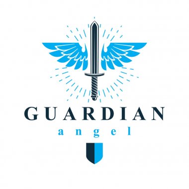 Vektör grafik illüstrasyon kuş kanatları ile oluşan kılıç savaş ve özgürlük metafor sembolü. Koruyucu melek vektör soyut amblemi.