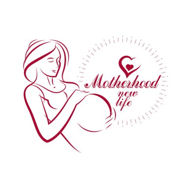 Elegant pregnant woman body silhouette drawing. Vector illustration of mother-to-be fondles her belly. Mothers day conceptual poster clipart