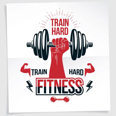 Vücut geliştirme motivasyon posteri. Kaslı sporcu kol bileşimi vektör yuvarlak yüzey ağırlık dambıl spor ekipmanı tutar. Tren zor alıntı.