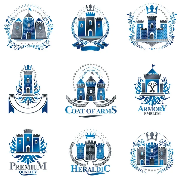 Ancient Citadels Emblems Set Heraldic Vector Design Elements Collection Retro — Stock Vector