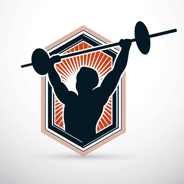 Vektor Illustration Eines Starken Mannes Körpersilhouette Mit Langhantel Gewichtheben Trainer — Stockvektor