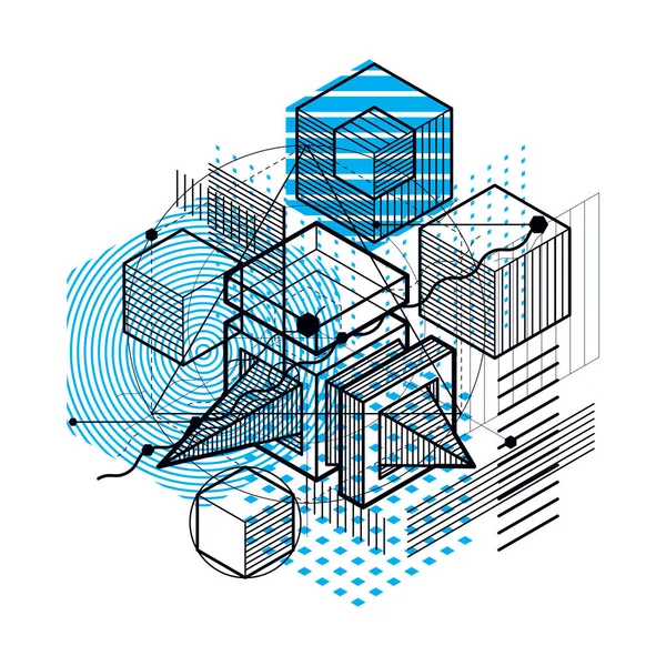 Absztrakt Háttér Izometrikus Elemekkel Vektor Lineáris Művészet Vonalak Alakzatok Kockák — Stock Vector