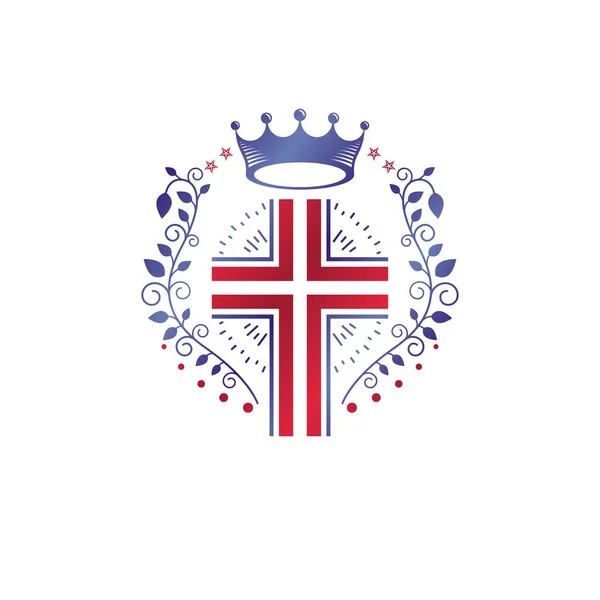 Cruz Emblema Gráfico Religioso Creado Con Corona Monarca Ornamentado Floral — Vector de stock