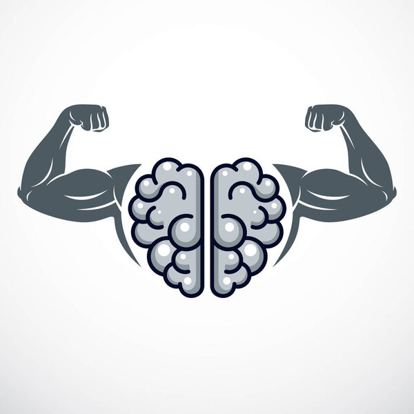 Эмблема Мозга Силы, гениальная концепция. Векторная конструкция человеческого анатомического мозга с сильными бицепсными руками культуриста. Тренировка мозга, рост IQ, психическое здоровье
.